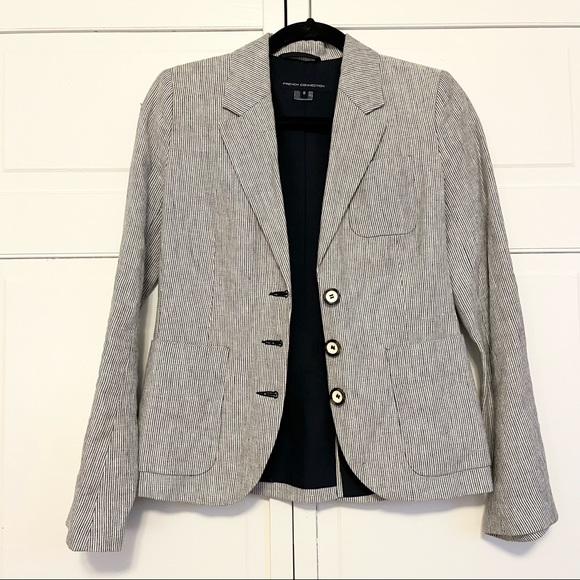EUC French Connection Linen Women’s Striped Navy Blue Blazer - Picture 1 of 8